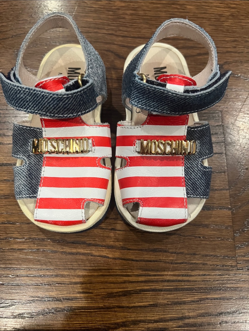 Moschino Kids Red & Denim Striped Logo Sandals